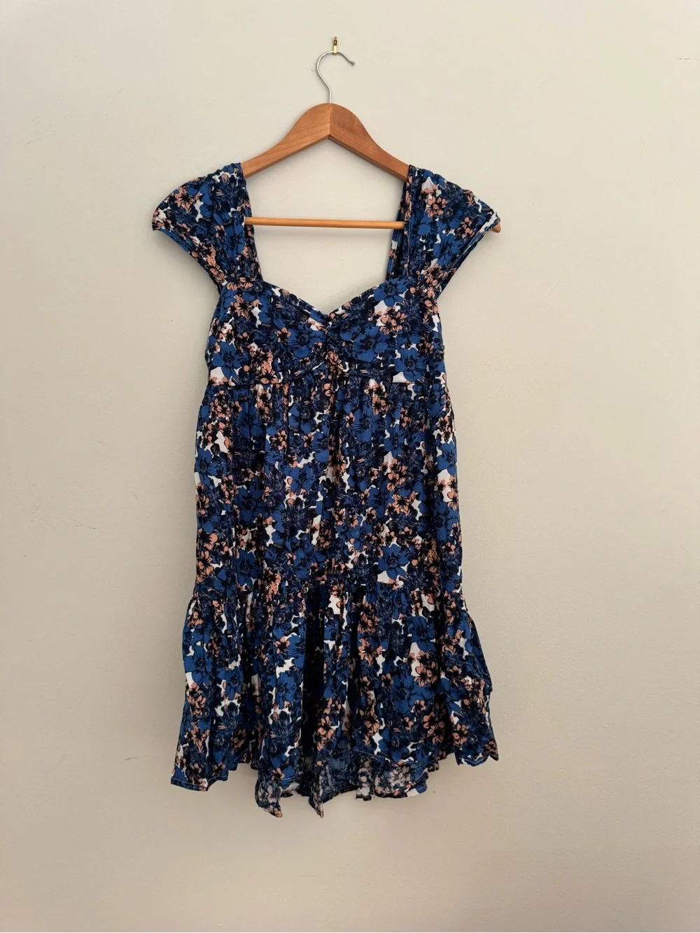 Free People Pattern Play Floral Smocked Mini Dress Blue Cool Combo Size XS